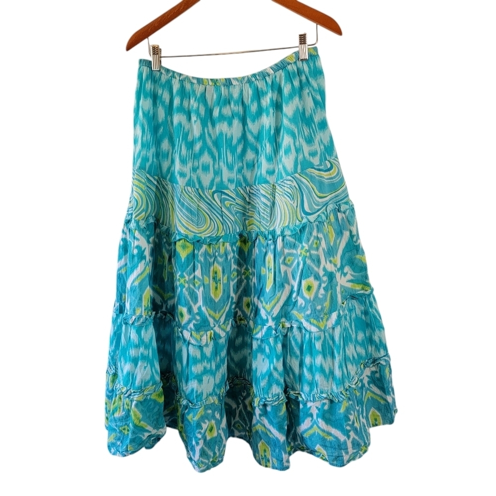 VTG Choices Blue Tiered Maxi Skirt Sz M Cotton Elastic Waist Cottagecore Boho